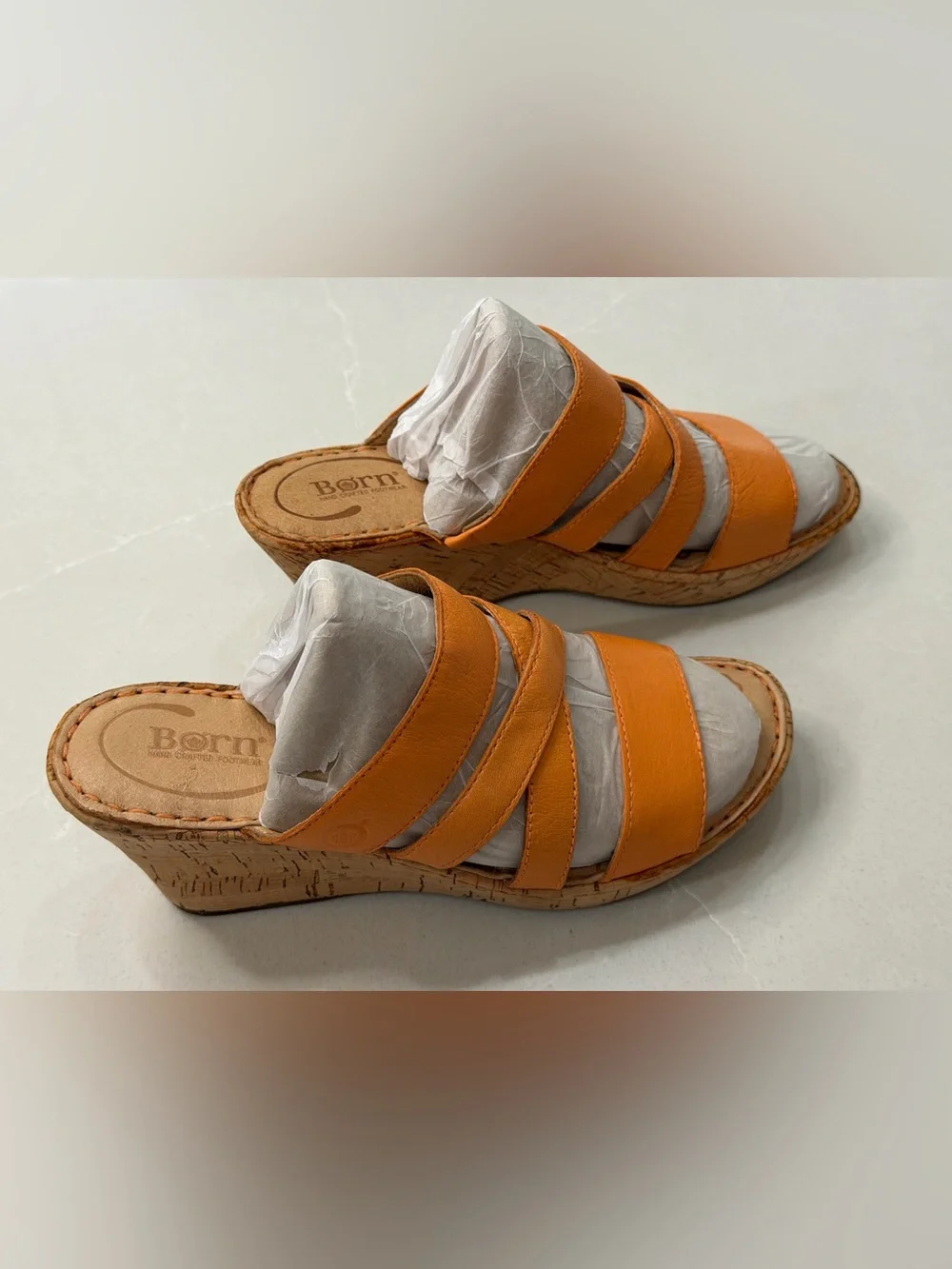 Born Zemora Orange Leather Strappy Cork Wedge Sandals 8M Boho Slide